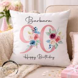 Personalised 90Th Birthday Cushion, Floral Milestone Pillow For Grandmother Or Mum - thumbnail 1