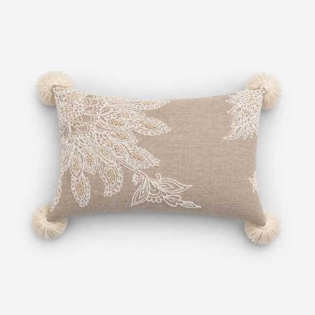 Beige Linen Pillow Cover, Off-White Lace Embroidery, Wool Tassel Accents Bmcc030 - image 1