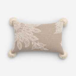 Beige Linen Pillow Cover, Off-White Lace Embroidery, Wool Tassel Accents Bmcc030 - thumbnail 1