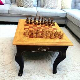 Square Olive Wood Handcrafted Wooden Chess Table Black/White With Pieces - thumbnail 2