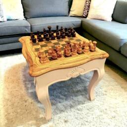 Square Olive Wood Handcrafted Wooden Chess Table Black/White With Pieces - thumbnail 1