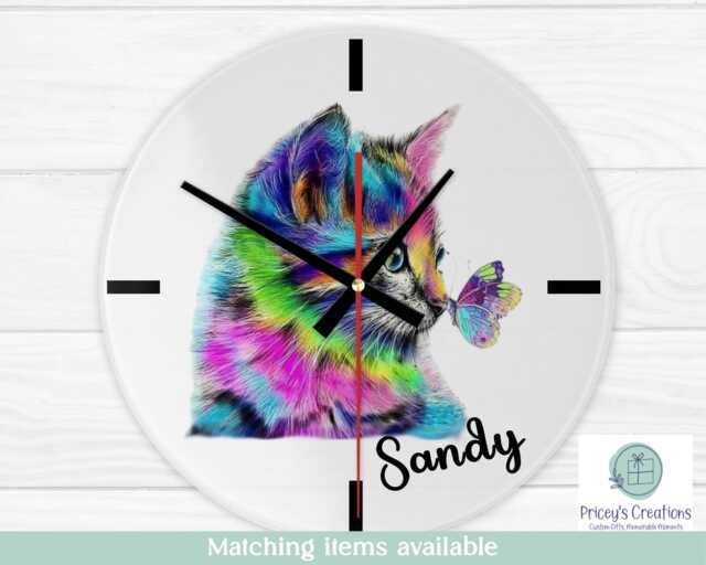 Watercolour Cat Clock, Round Glass Lover Gift, Kitchen Wall Colourful Cat, 20cm Xmas Birthday Present - image 1