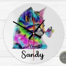 Watercolour Cat Clock, Round Glass Lover Gift, Kitchen Wall Colourful Cat, 20cm Xmas Birthday Present - thumbnail 3