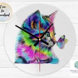 Watercolour Cat Clock, Round Glass Lover Gift, Kitchen Wall Colourful Cat, 20cm Xmas Birthday Present - thumbnail 2