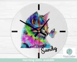 Watercolour Cat Clock, Round Glass Lover Gift, Kitchen Wall Colourful Cat, 20cm Xmas Birthday Present - thumbnail 1