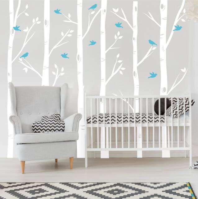 Birch Tree Branches Nursery Wall Art Decal, Nature Birds Baby Shower Gift, Aspen Forest Vinyl Decor Wallpaper, Kids Bedroom Mural Sticker - image 1
