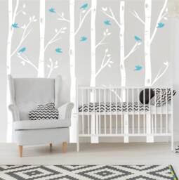 Birch Tree Branches Nursery Wall Art Decal, Nature Birds Baby Shower Gift, Aspen Forest Vinyl Decor Wallpaper, Kids Bedroom Mural Sticker - thumbnail 1