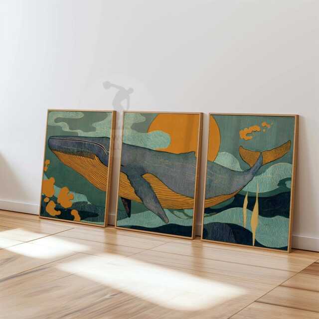 Whale Wall Art Set Of 3 - Ocean Sunset Prints Teal & Amber Marine Artwork Modern Coastal Nature Decor For Living Room - image 1
