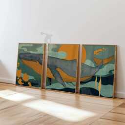 Whale Wall Art Set Of 3 - Ocean Sunset Prints Teal & Amber Marine Artwork Modern Coastal Nature Decor For Living Room - thumbnail 1