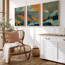 Whale Wall Art Set Of 3 - Ocean Sunset Prints Teal & Amber Marine Artwork Modern Coastal Nature Decor For Living Room - thumbnail 2