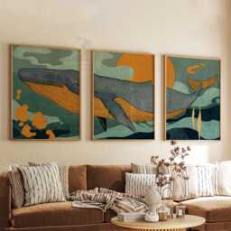 Whale Wall Art Set Of 3 - Ocean Sunset Prints Teal & Amber Marine Artwork Modern Coastal Nature Decor For Living Room - thumbnail 3
