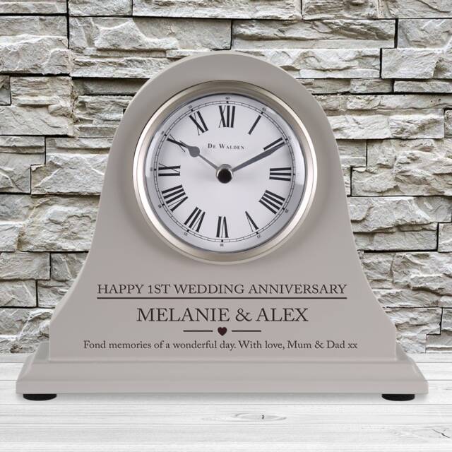 1st Wedding Anniversary Couple Gift Personalised Engraved Grey Mantel Clock First Paper Gifts Wife Husband Brother Sister Etc - image 1