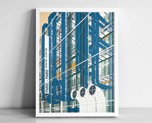 Centre Pompidou France Modern Architecture Art Print - Graphic Illustration Abstract Poster Minimalist Beaubourg - image 1
