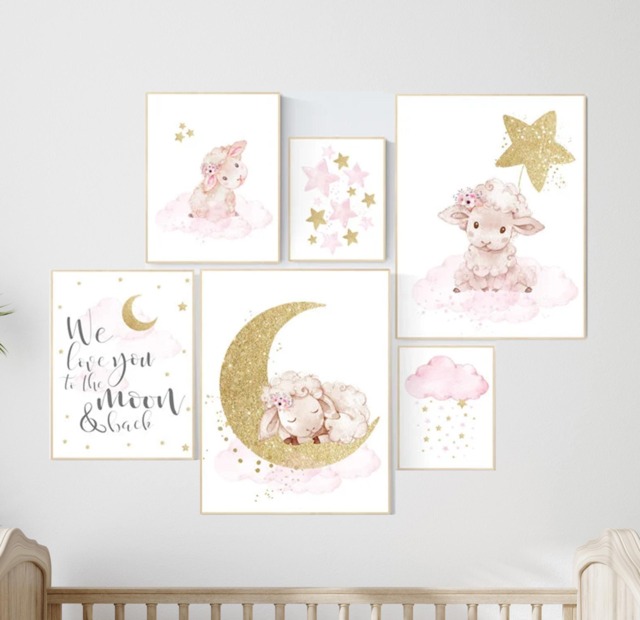 Pink & Gold Sheep Nursery Art Prints Baby Girl Room Decor - image 1