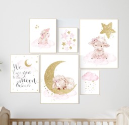 Pink & Gold Sheep Nursery Art Prints Baby Girl Room Decor - thumbnail 1
