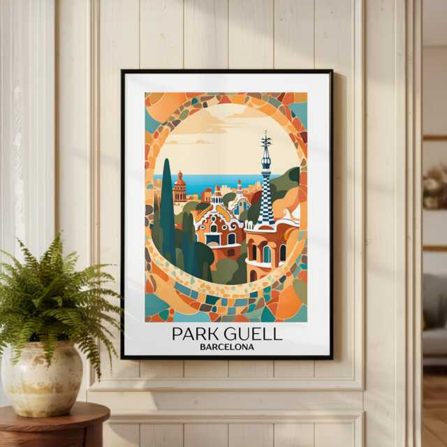 Park Guell Barcelona Print, Gaudi Architecture Spain Travel Poster, Europe Kitchen Wall Art, Glossy Print - image 1