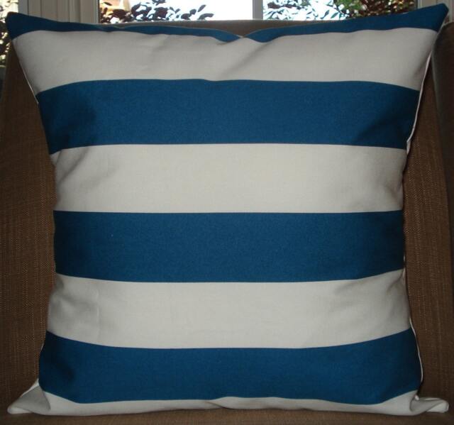 New 18x18 Inch Designer Handmade Pillow Case in Blue Stripe On White