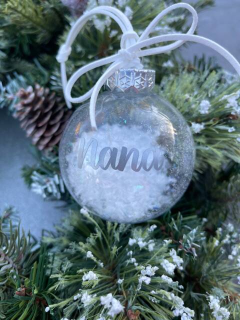Personalized Christmas Bauble Silver Lettering, Faux Snow, Gift Bag - image 1