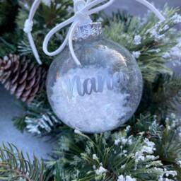 Personalized Christmas Bauble Silver Lettering, Faux Snow, Gift Bag - thumbnail 4