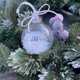 Personalized Christmas Bauble Silver Lettering, Faux Snow, Gift Bag - thumbnail 2
