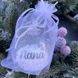 Personalized Christmas Bauble Silver Lettering, Faux Snow, Gift Bag - thumbnail 3