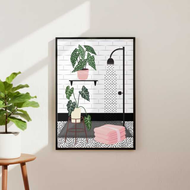 Botanical Shower Art Print. Pink Bathroom Poster. Colourful Toilet Home Decor - image 1