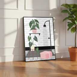 Botanical Shower Art Print. Pink Bathroom Poster. Colourful Toilet Home Decor - thumbnail 3