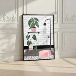 Botanical Shower Art Print. Pink Bathroom Poster. Colourful Toilet Home Decor - thumbnail 2