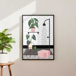Botanical Shower Art Print. Pink Bathroom Poster. Colourful Toilet Home Decor - thumbnail 1