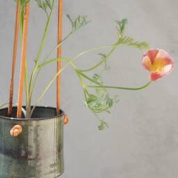 Dark Green-Blue Hanging Planter With Leather Straps, Sea-Weed Indoor Ceramic Planter, Minimalist Pottery Succulent - thumbnail 2