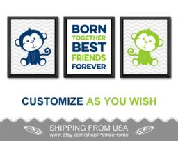 Twin Boys Nursery Decor Monkey Prints, Set Of 3 - thumbnail 1