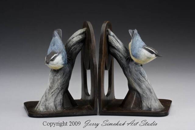 Red-Breasted Nuthatch - Bookends Bronze Realistic Wildlife Birds By Jerry Simchuk Art Studio
