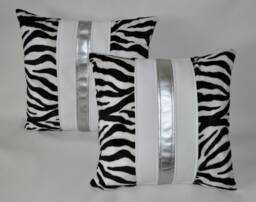 "2 Zebra White Silver Faux Fur & Leather Cushions 16"" 18"" 20"