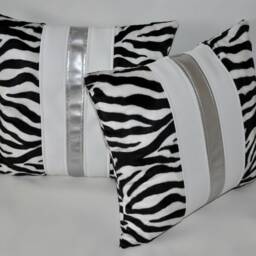 "2 Zebra White Silver Faux Fur & Leather Cushions 16"" 18"" 20" - thumbnail 2