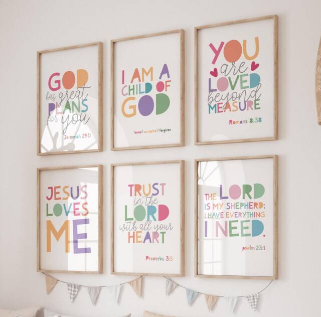 Set Of 6 Bible Verse Prints, Christian Wall Art, Nursery Rainbow Girls Bedroom Decor, Boys Decor - image 1