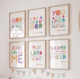 Set Of 6 Bible Verse Prints, Christian Wall Art, Nursery Rainbow Girls Bedroom Decor, Boys Decor - thumbnail 1