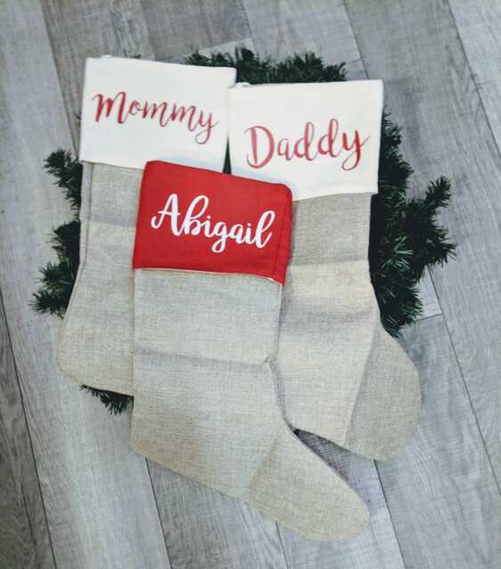 Personalized Stocking, Classic Stocking, Red White Stockings, Christmas, Matching Family Burlap Stockings - image 1