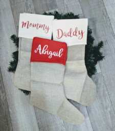 Personalized Stocking, Classic Stocking, Red White Stockings, Christmas, Matching Family Burlap Stockings - thumbnail 1