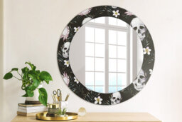 Skulls Flowers, Black, Round Mirror Frame, Decorative Mirror, Frame Print, Unique Wall - thumbnail 1