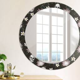 Skulls Flowers, Black, Round Mirror Frame, Decorative Mirror, Frame Print, Unique Wall - thumbnail 3