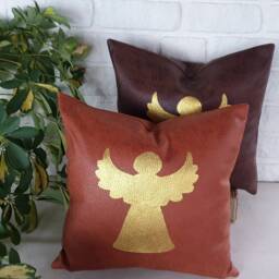 Gold Angel Terracotta Vegan Leather Pillow Cover - Modern Christmas Decor - thumbnail 4