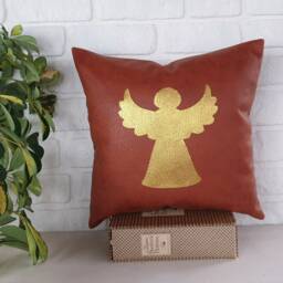 Gold Angel Terracotta Vegan Leather Pillow Cover - Modern Christmas Decor - thumbnail 2