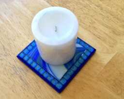 Art Glass Mosaic Candle Holder, Rainbow Glitter Border, Blue Shades