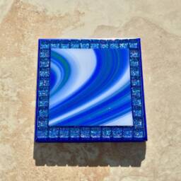 Art Glass Mosaic Candle Holder, Rainbow Glitter Border, Blue Shades - thumbnail 3