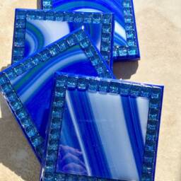 Art Glass Mosaic Candle Holder, Rainbow Glitter Border, Blue Shades - thumbnail 2