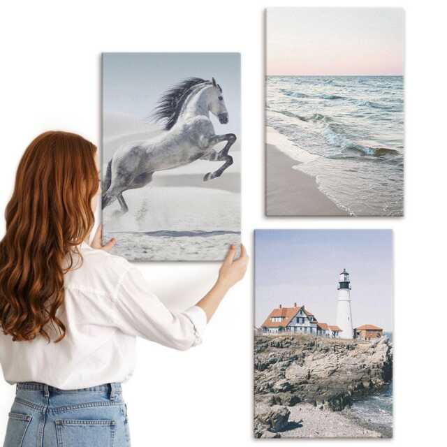 Canvas Set Of 3 - Horses in Motion Beach & Lighthouse Water Waves, Blue Print, Landscapes Wall Decor - image 1