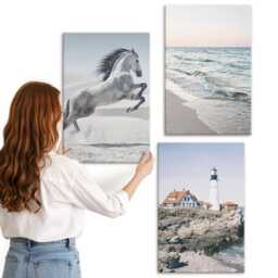 Canvas Set Of 3 - Horses in Motion Beach & Lighthouse Water Waves, Blue Print, Landscapes Wall Decor - thumbnail 1