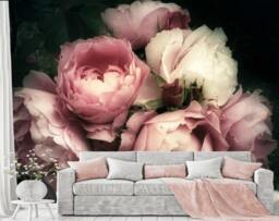 Pink Peonies Floral Wallpaper Vintage Dark Wall Mural - thumbnail 1