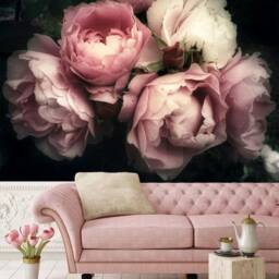 Pink Peonies Floral Wallpaper Vintage Dark Wall Mural - thumbnail 2