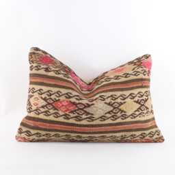 Handmade Kilim Lumbar Pillow Cover Turkish Wool Cushion - 16x24 - thumbnail 1